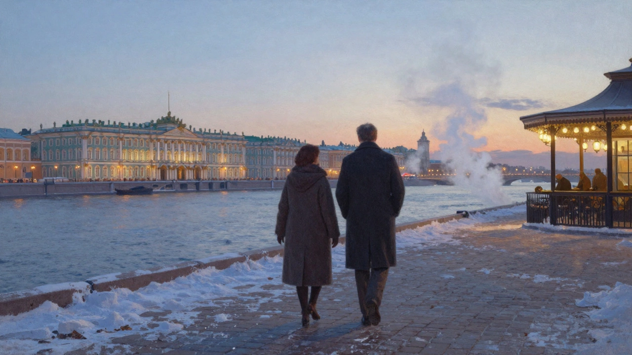 A couple walks along a snowy riverbank at sunset, historic buildings in the distance.