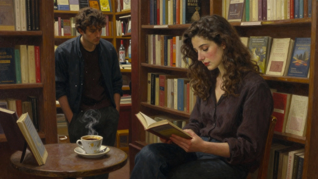 A woman reads in a cozy Bordeaux bookstore while a man listens nearby, bathed in warm lamplight.