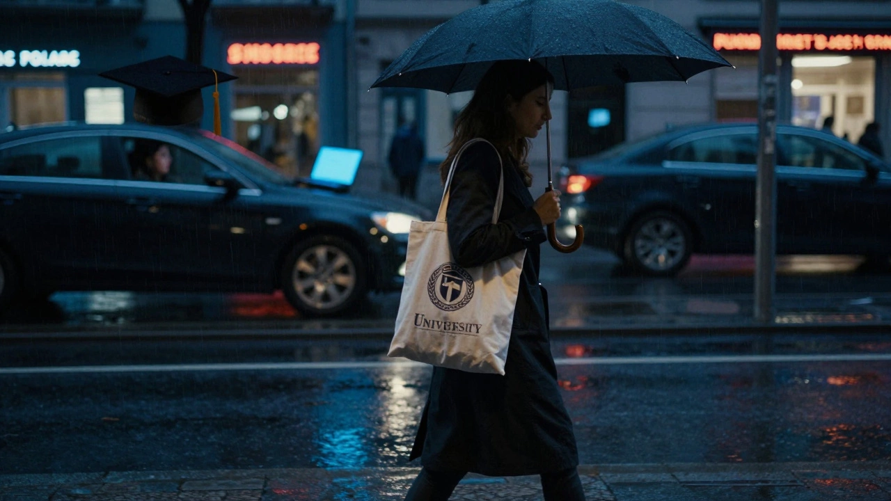A woman walking alone in rainy Berlin at night, university bag in hand, reflections hinting at hidden life.