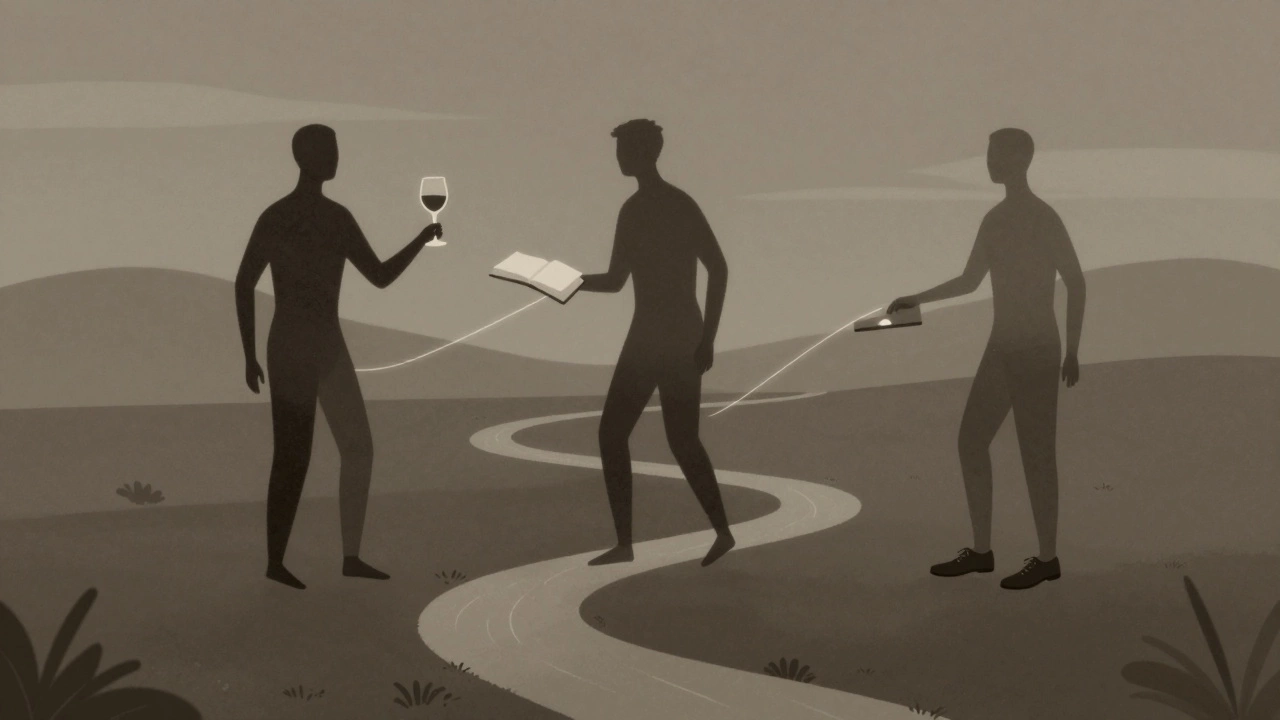 Abstract symbols of connection—wine, book, and shoes—float above a river, representing authentic companionship.