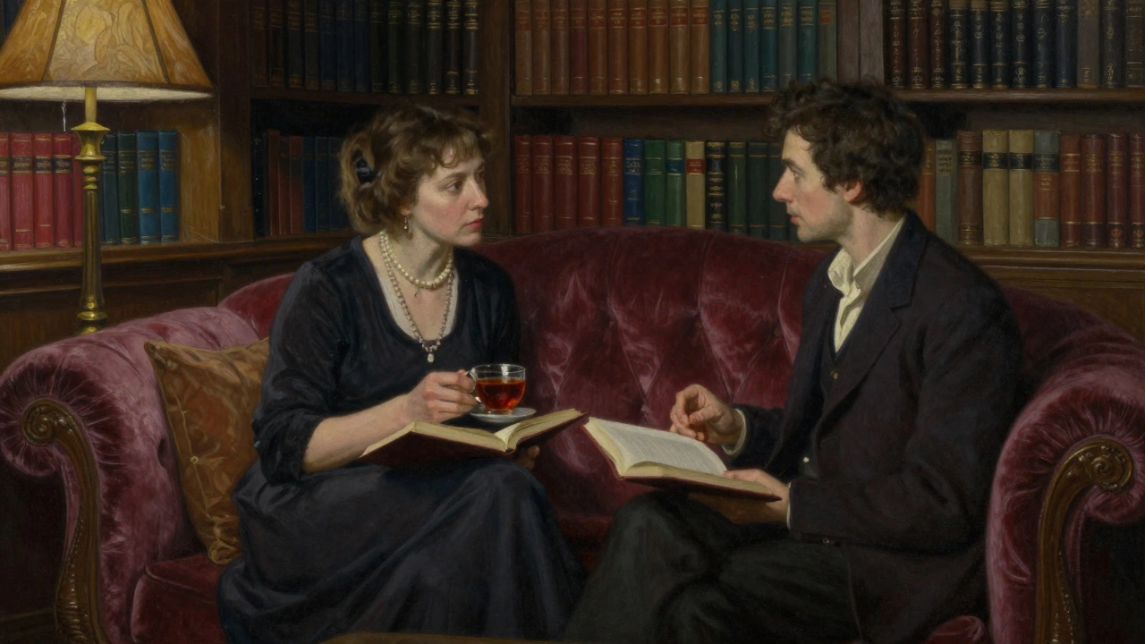 Two people sit quietly in a library, reading and sharing tea under a soft lamp.
